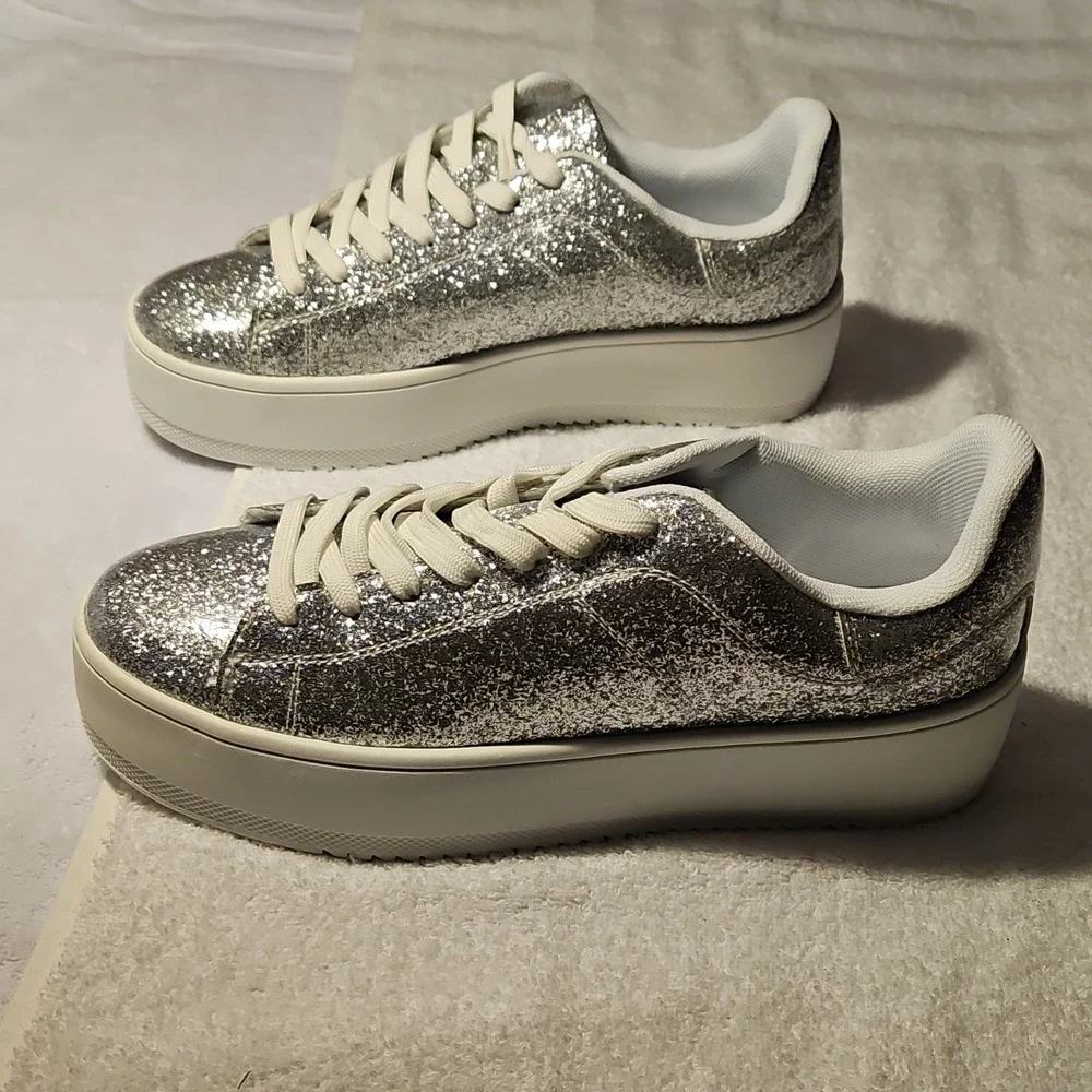 J.Adams Hero Glossy Silver Glitter Lace Up Women's Sneakers